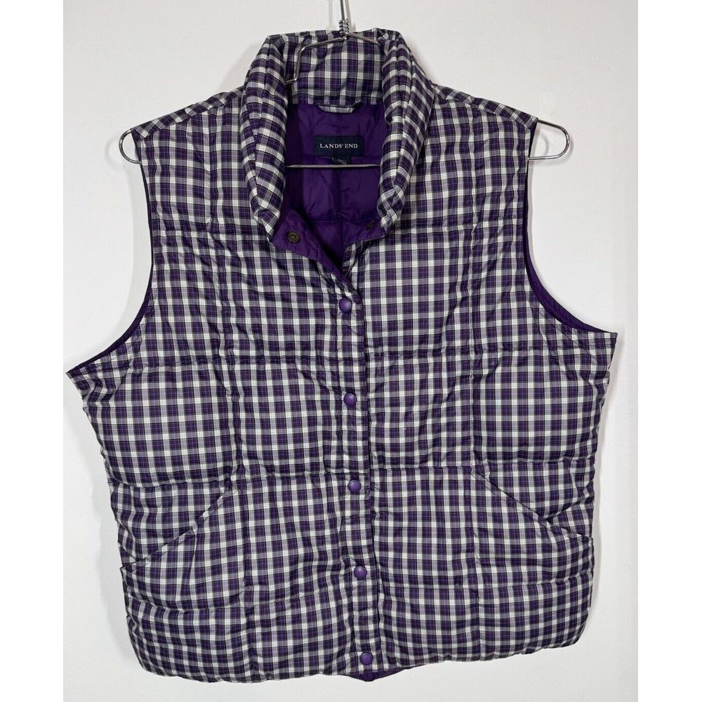 Lands End Women's Snap Up Purple Plaid Down Puffer Vest Size L Warmth Layers